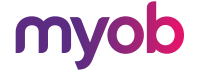 MYOB logo: purple letters fading to pink, the