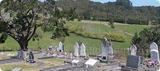 A cemetery on a hillside. Gravestones are visible in the foreground with a tree to the left and a field in the background.