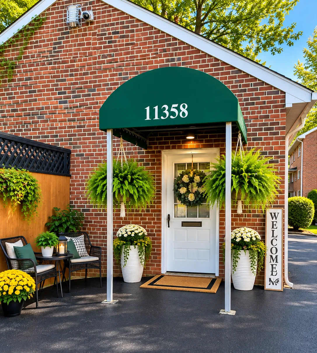 Brick office entrance with green awning, white door, wreath, and welcome sign by the steps