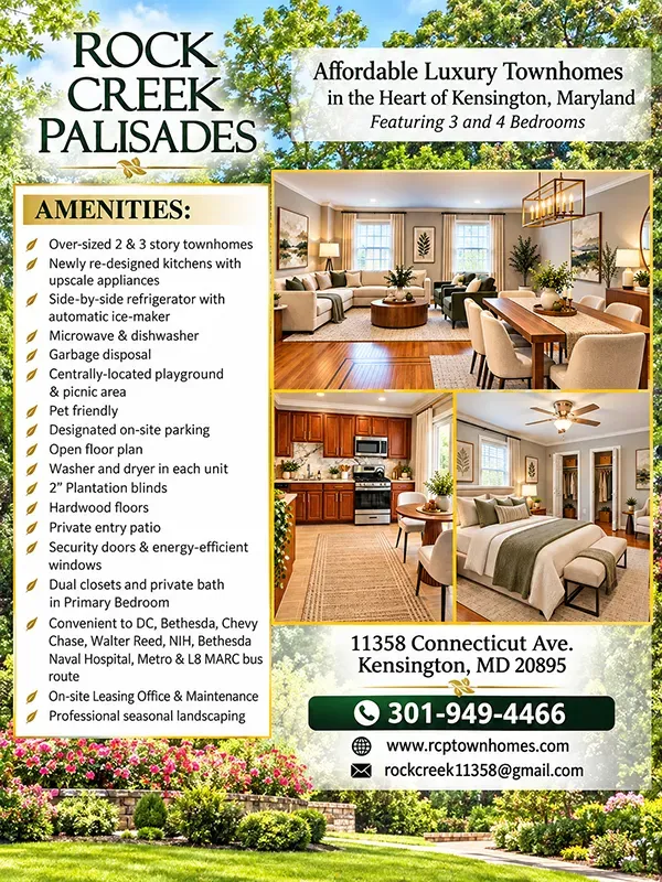 Rock Creek Palisades luxury townhomes ad with interior photos, amenities list, and contact information