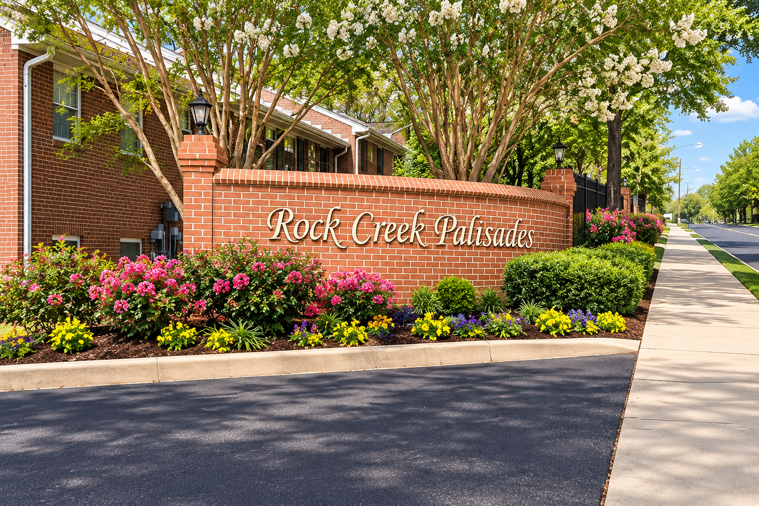 Rock Creek Primary school entrance sign with brick wall, flowers, and tree-lined sidewalk