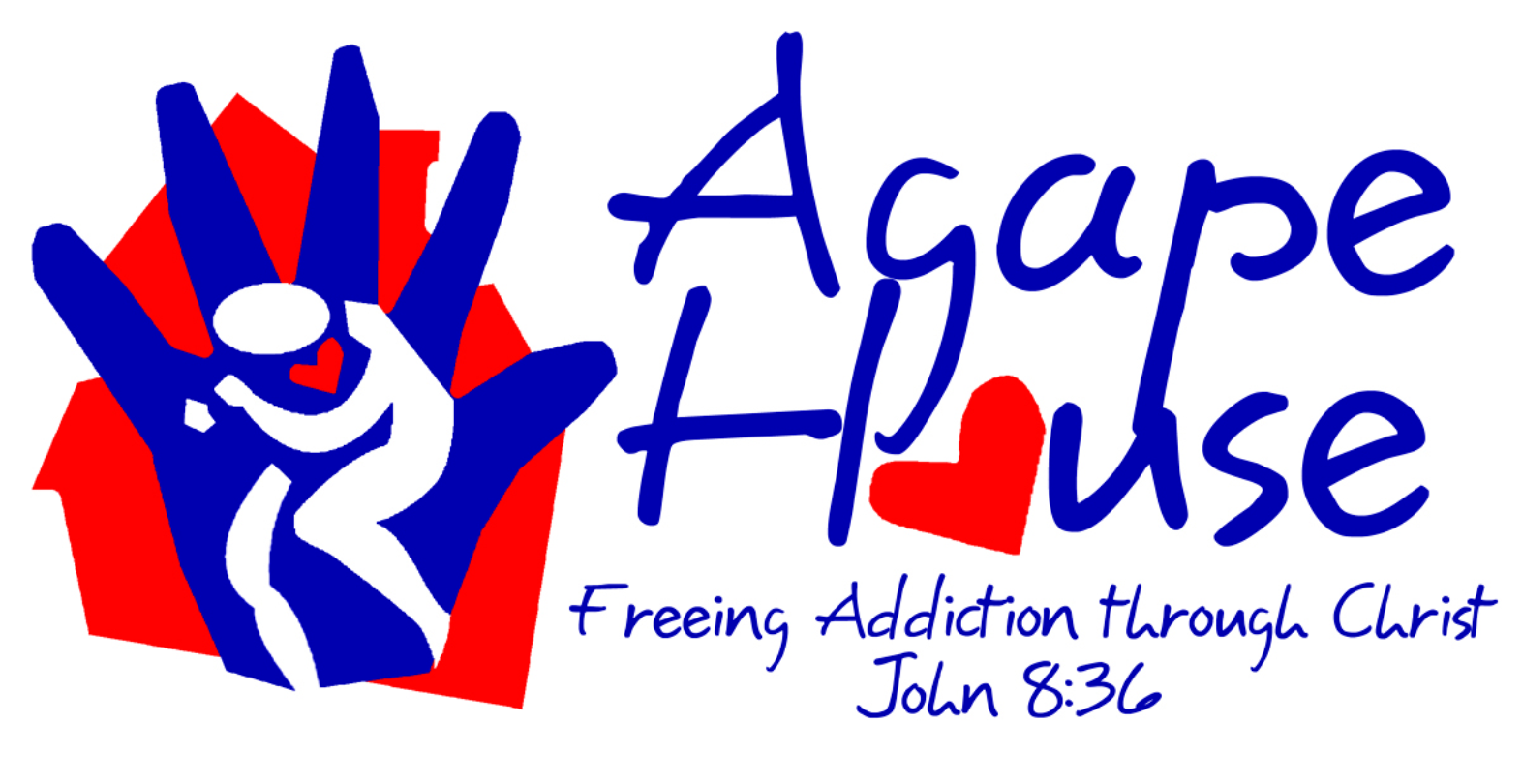 Agape House logo with red and blue hands, stylized figure, and tagline “Freeing Addiction through Christ, John 8:36”