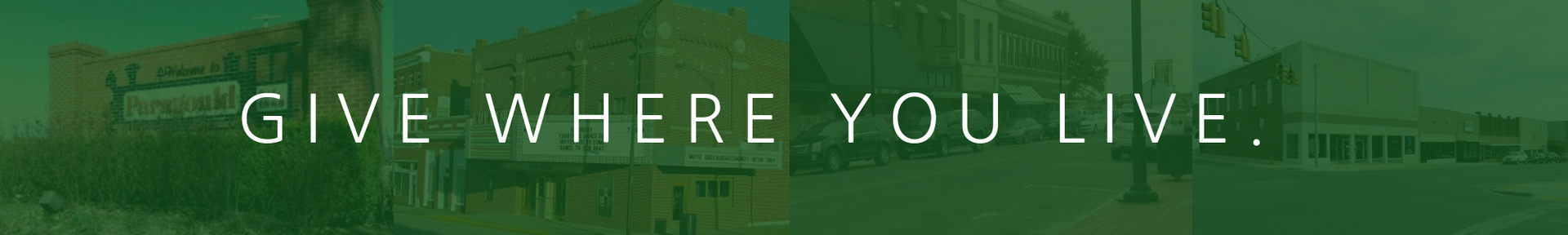 Green banner with the words “GIVE WHERE YOU LIVE” over a blurred landscape