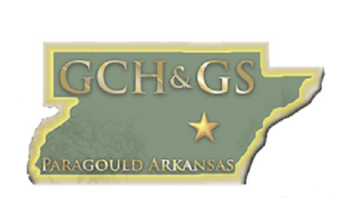 Gold outline of Arkansas with “GCH&GS” and “Paragould Arkansas” on a gray background