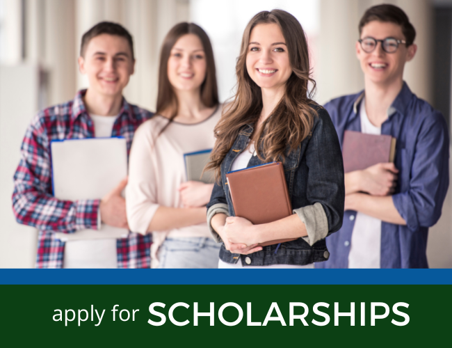 Four students holding notebooks with banner text: apply for SCHOLARSHIPS