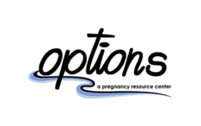 Logo reading “options” with a blue underline and small text “a pregnancy resource center”
