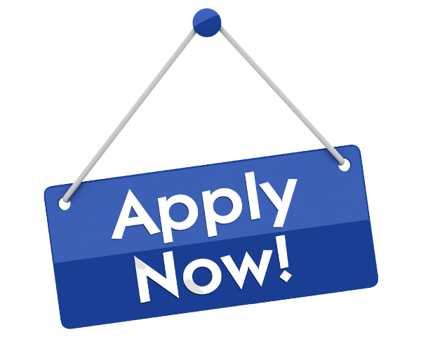 Blue hanging sign reads “Apply Now!”