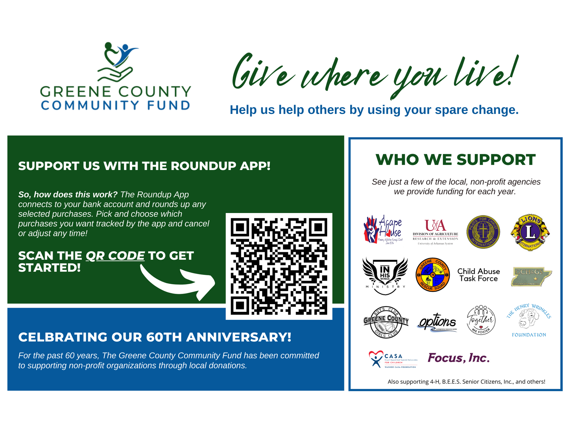 Greene County Community Fund charity flyer promoting a roundup app, QR code, and organizations they support