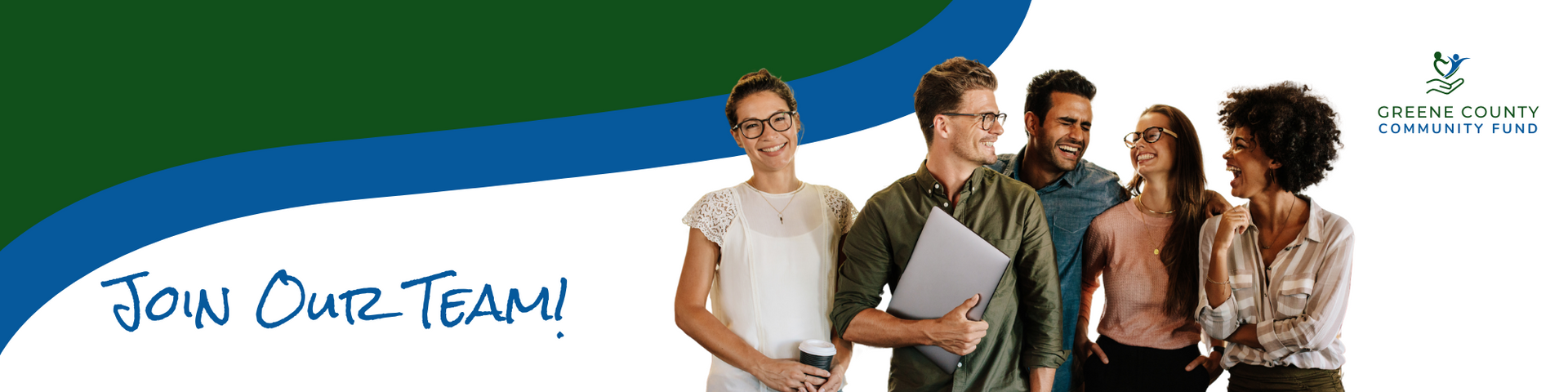 Banner with five people, blue and white background, and text reading “JOIN OUR TEAM!”