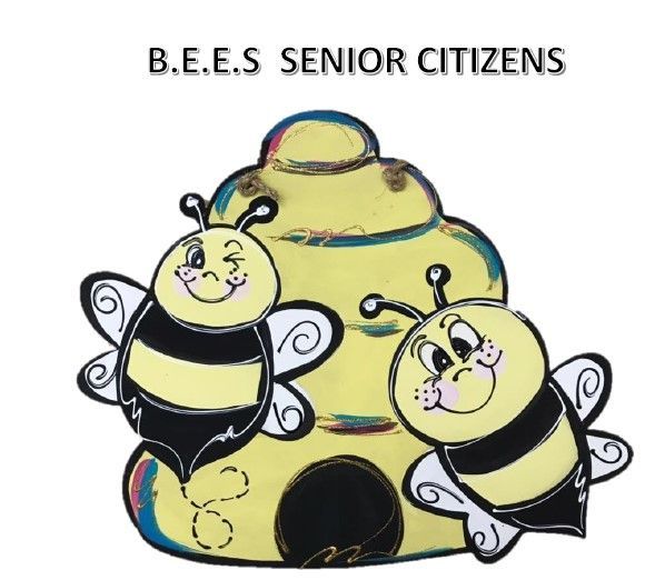 Cartoon bees around a hive with the text “B.E.E.S SENIOR CITIZENS”