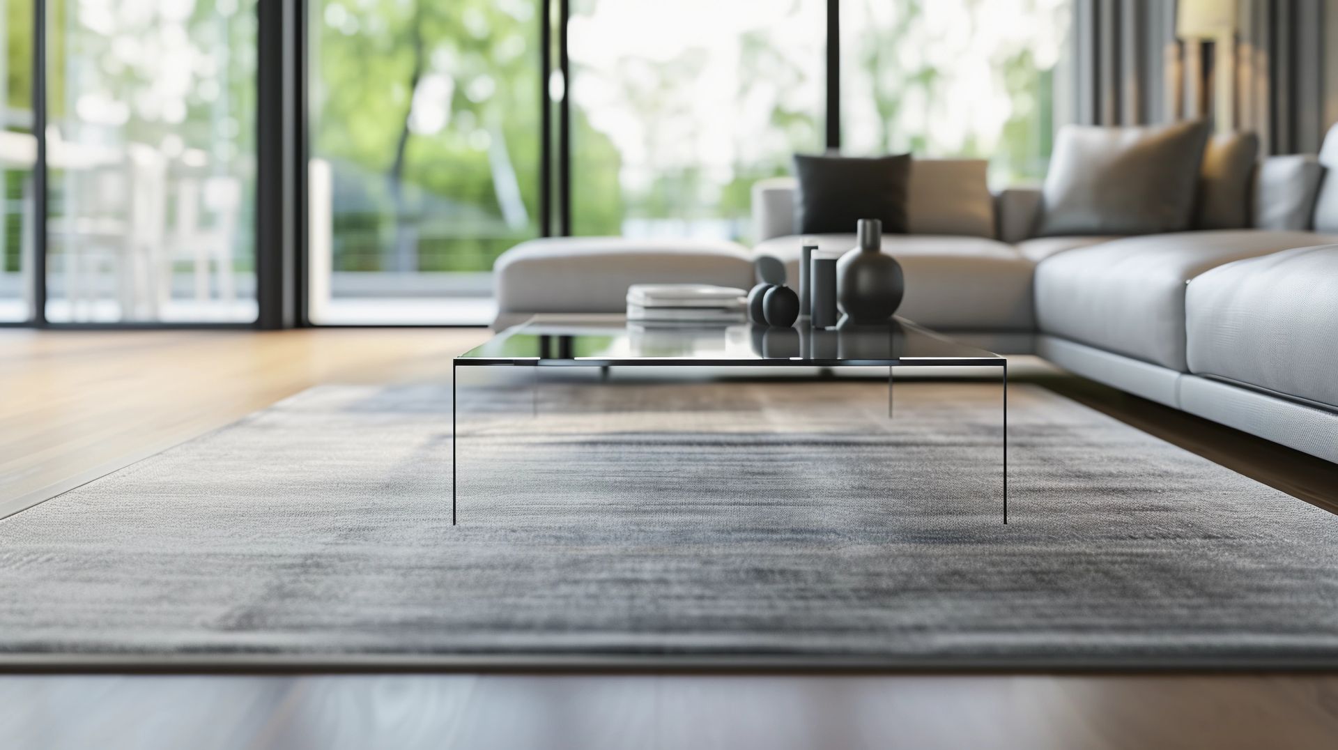 A rug under a table in a living room.
