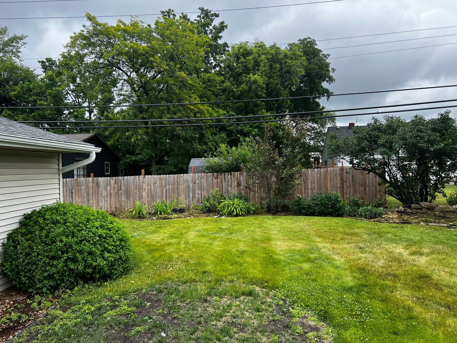 Backyard with green lawn, wooden fence, trees, and cloudy sky beside a house
