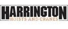 Harrington hoists and cranes logo. Black lettering on white and tan background.