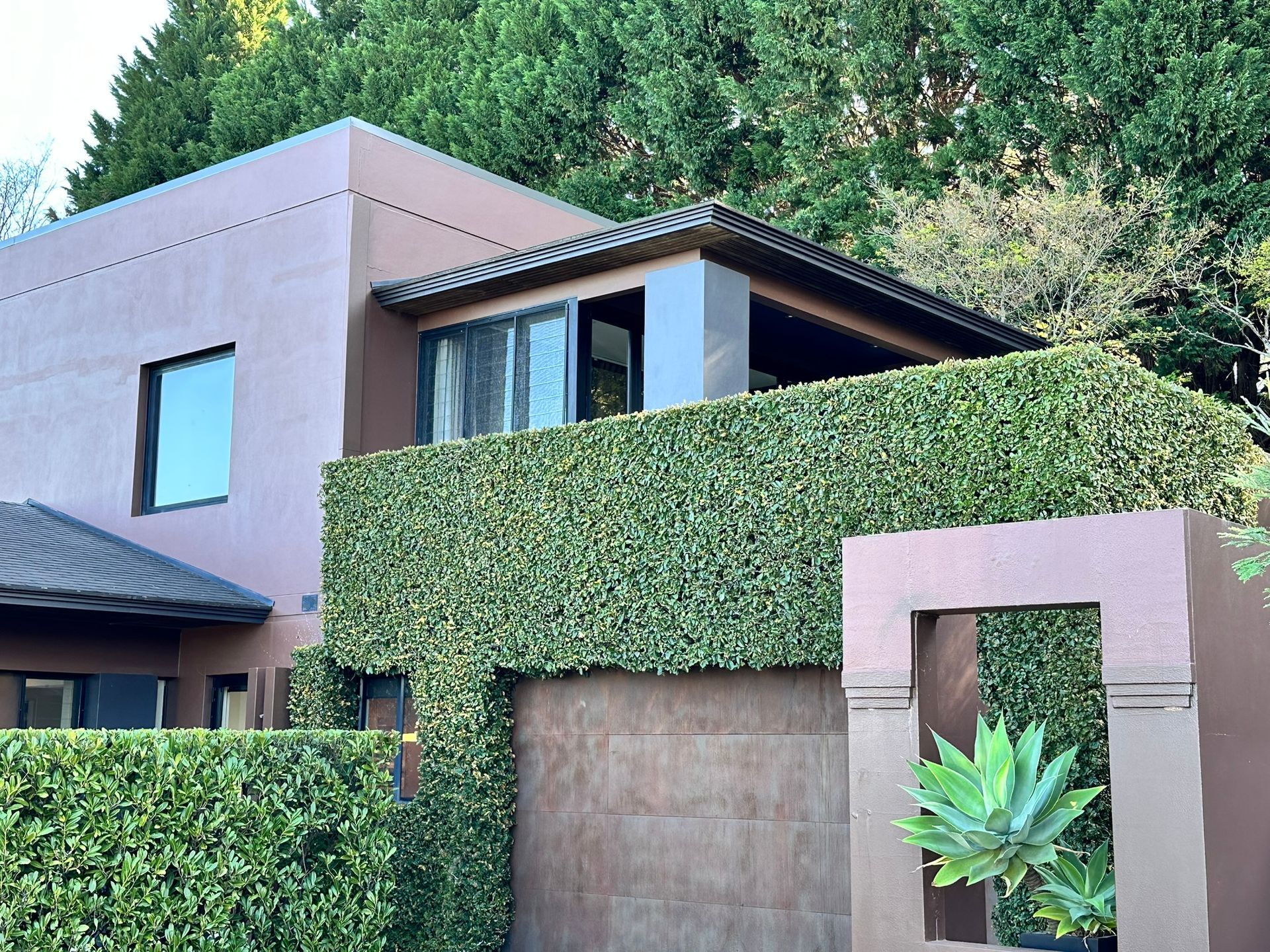 Modern house with ivy-covered wall, beige facade, and a large garage door under trees