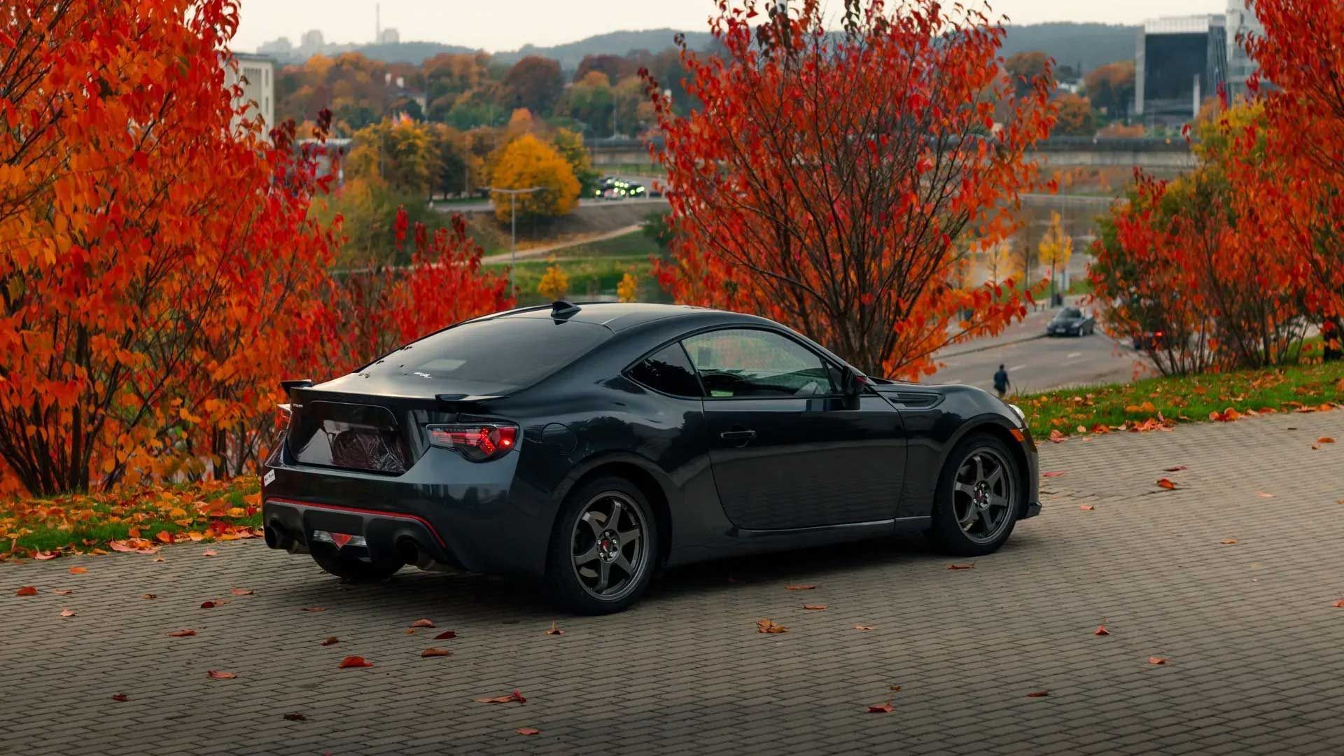 Dark gray sports car on a brick driveway, surrounded by fall foliage.