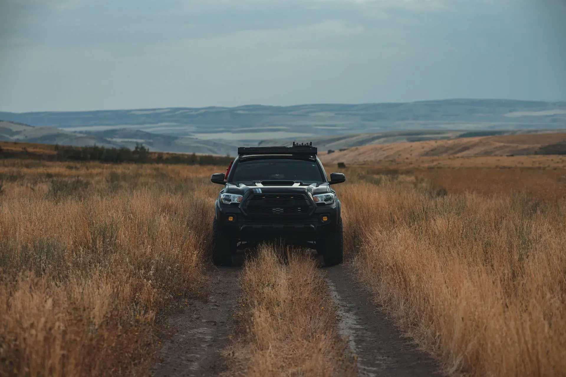 Black truck driving on dirt path through tall dry grass in a field with rolling hills in the background.