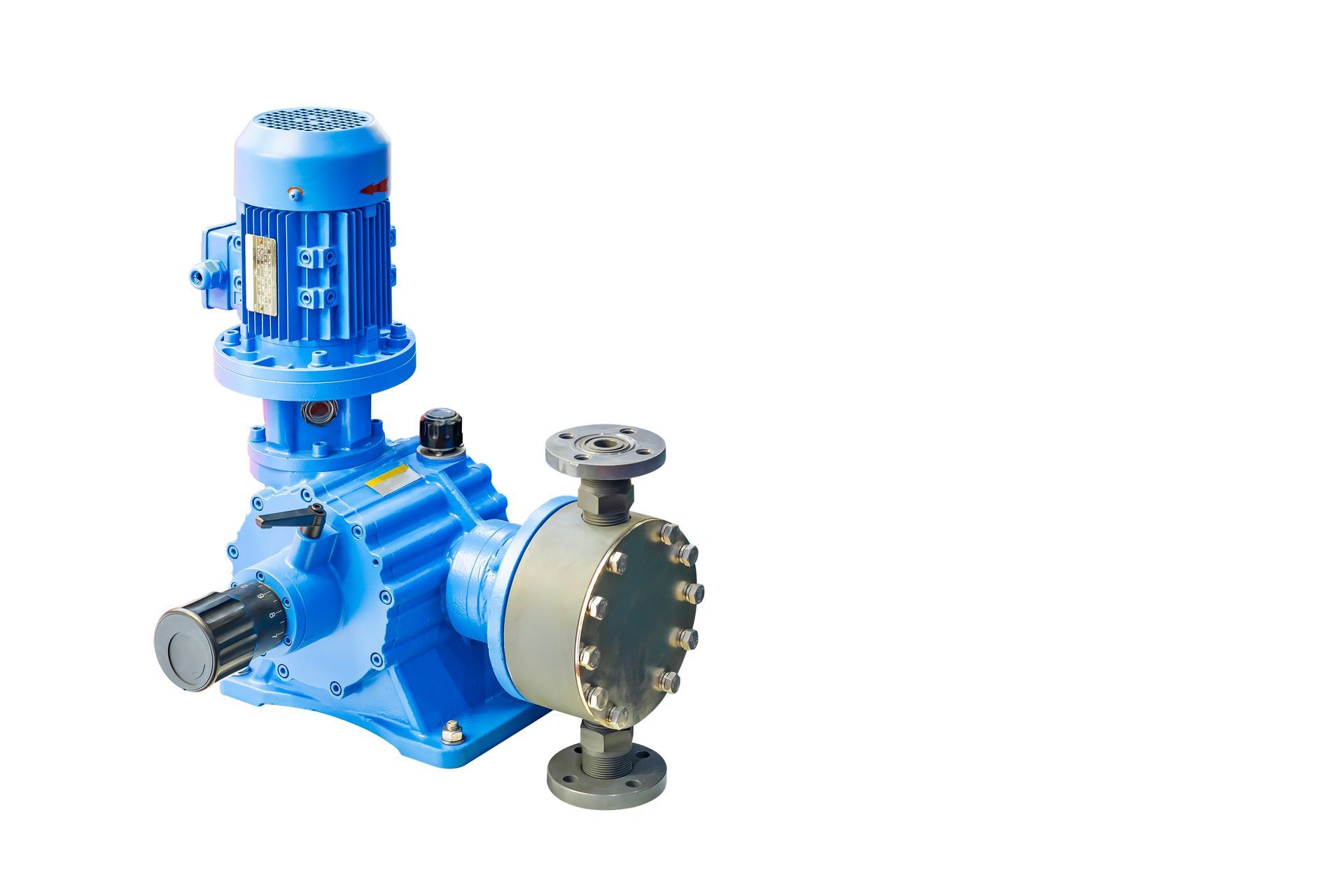 A blue industrial diaphragm metering pump with a vertical motor, isolated against a white background.