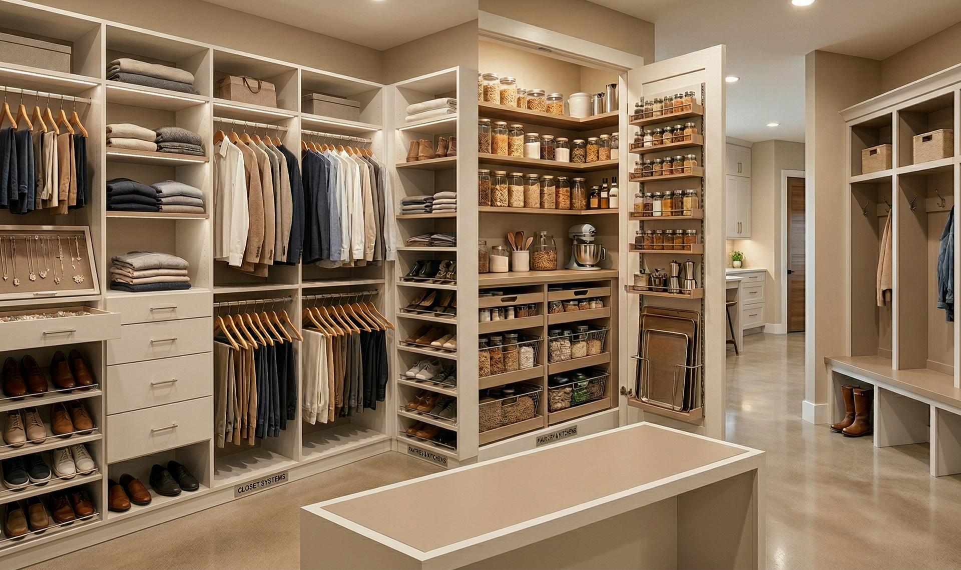 A spacious, organized walk-in closet with white shelving, hanging clothes, storage bins, and a center island.