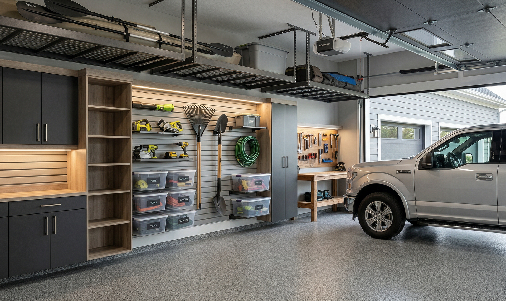 A organized garage with dark cabinets, open shelving, wall-mounted tool storage, overhead racks, and a parked silver truck.