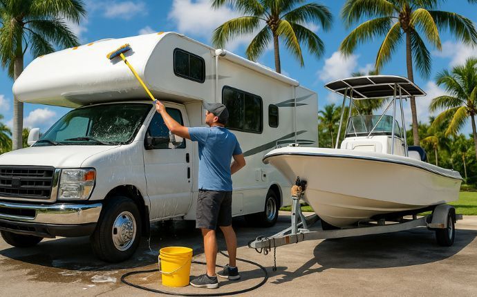 Professional RV and boat cleaning in a sunny Florida driveway.