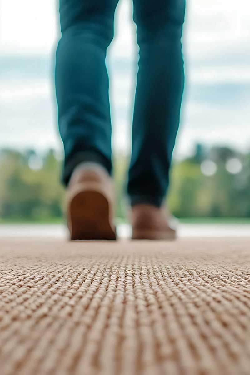 Person walking towards the viewer, wearing blue jeans and brown shoes on a light-brown surface.