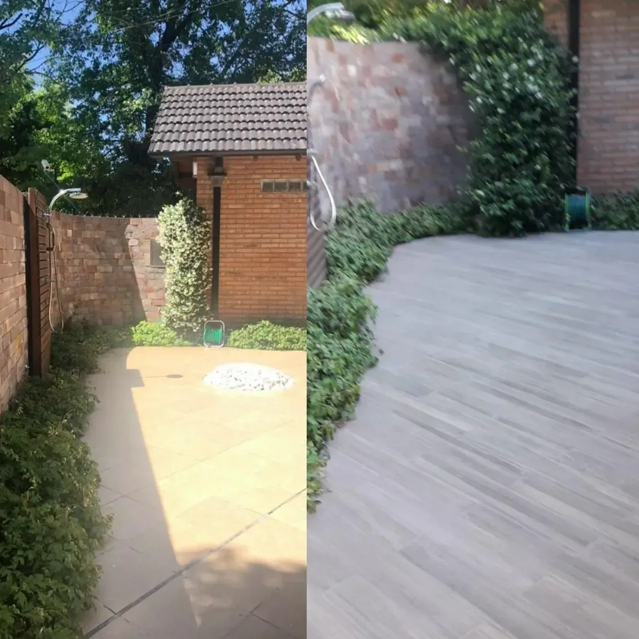 Vista dividida de un patio trasero antes y después de su renovación, mostrando paredes de ladrillo y enredaderas verdes.