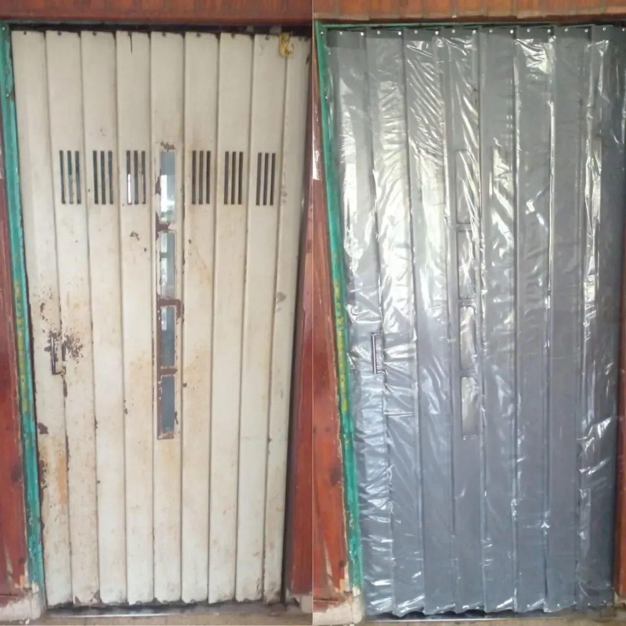 Dos puertas metálicas contiguas, una de color blanco roto y otra plateada, con marcos de color rojo oxidado.