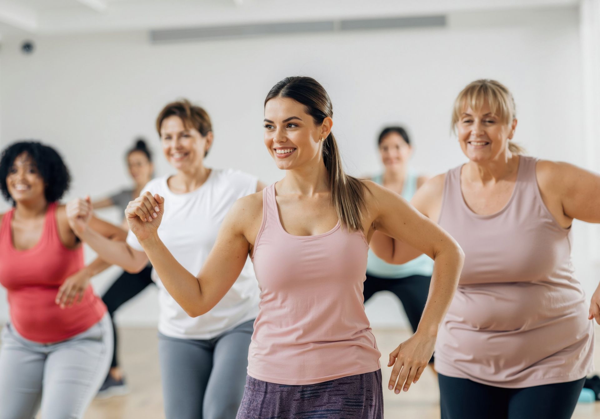 Women smiling and dancing in a studio, wearing activewear. Women smiling and dancing in a studio, wearing activewear.