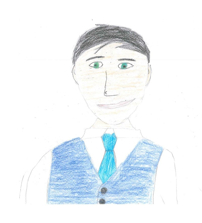 Man in blue vest and tie; green eyes, dark hair, smiling.