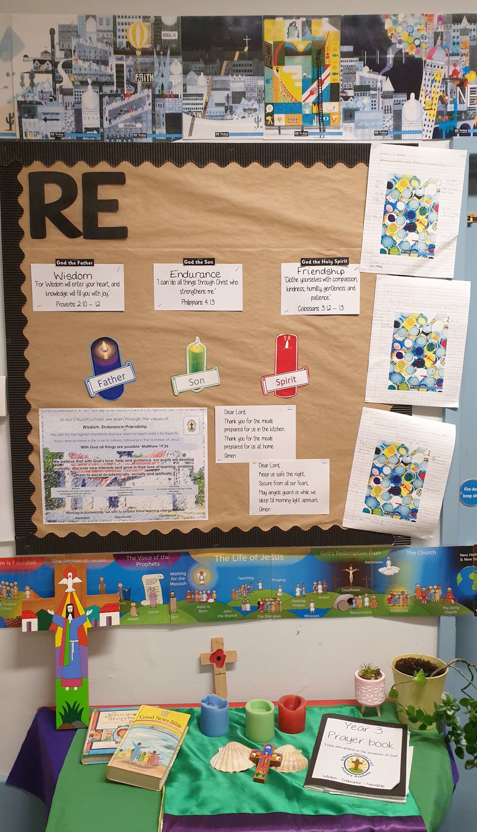RE classroom bulletin board and altar with religious symbols. Contains candles, stained glass, and text.