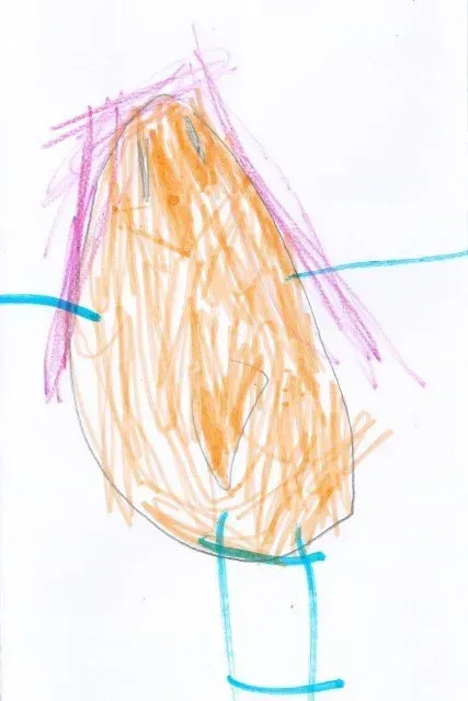 Orange and pink drawing of a face with blue lines.