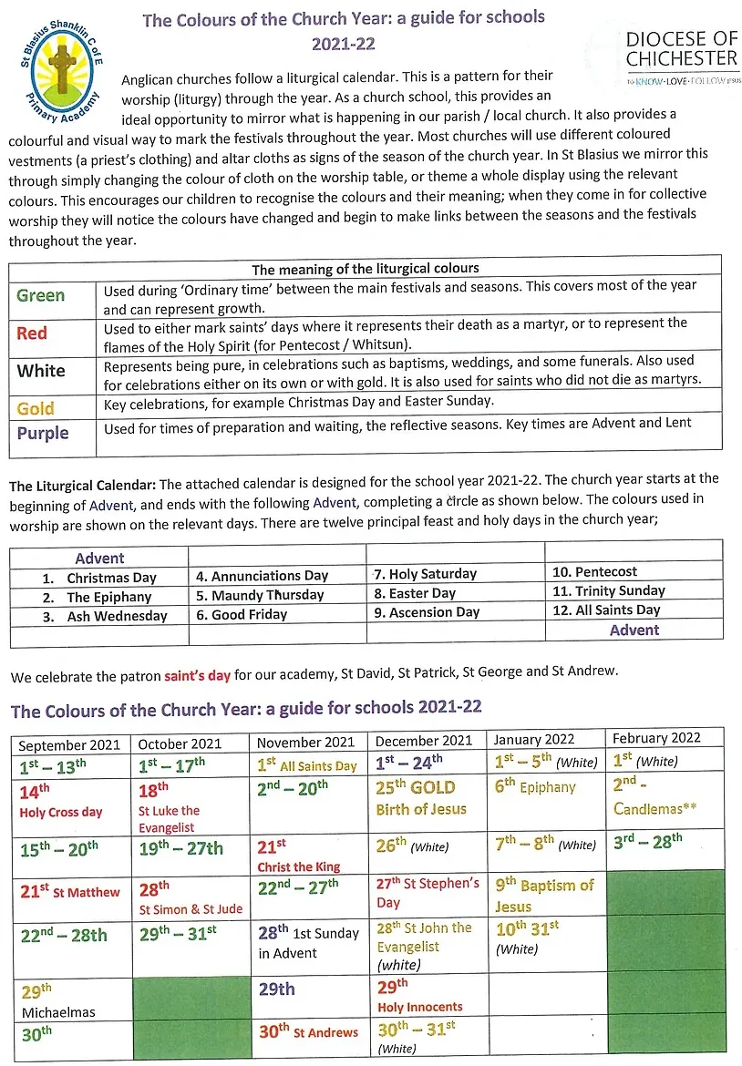 A school calendar for 2023-2024. Text includes key dates and a color-coded legend, mostly white, green, yellow, and purple.