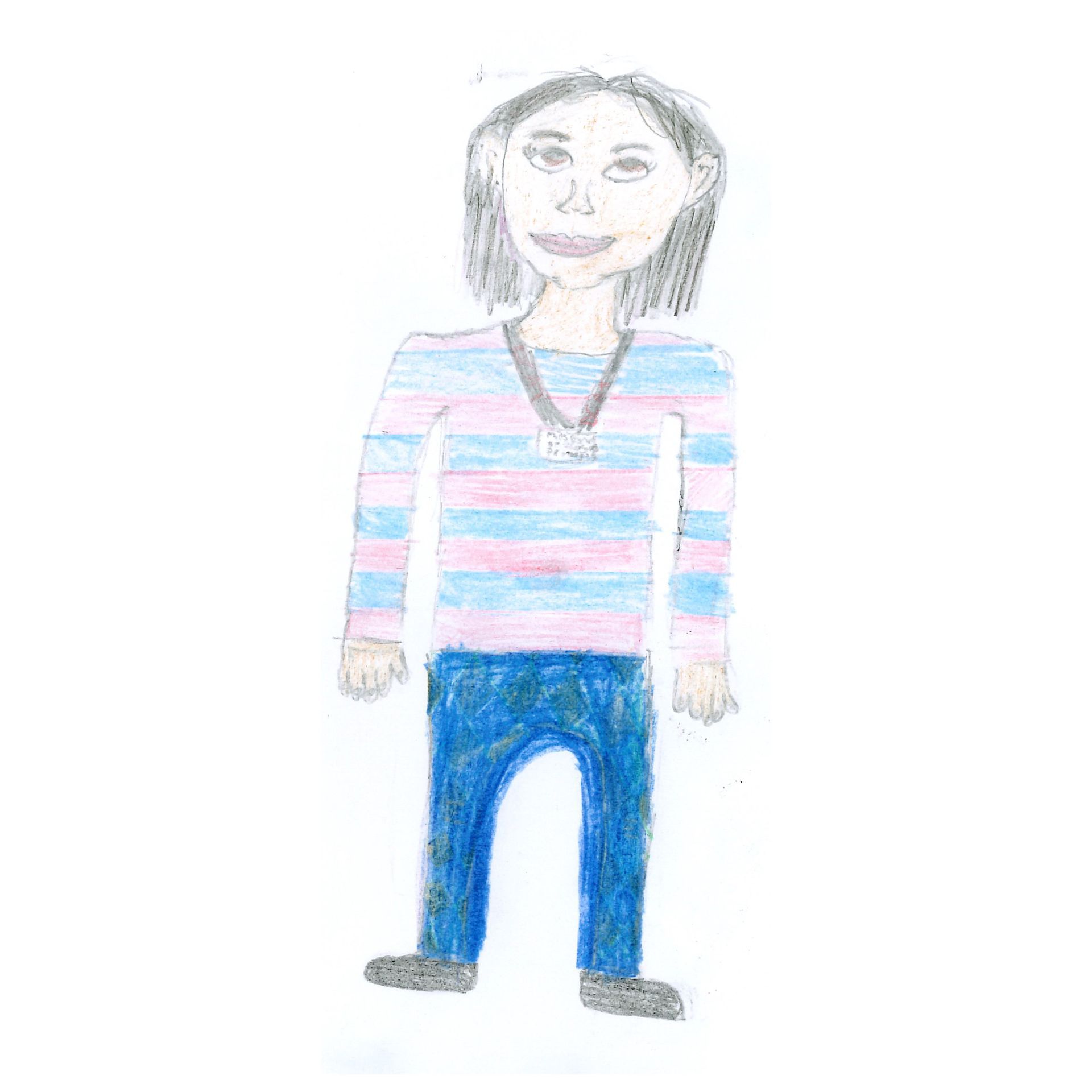 Person in blue jeans and a striped shirt with a necklace; pencil drawing.