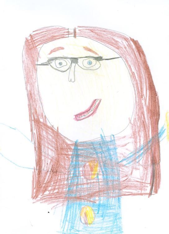 Child's drawing of a person with long brown hair, glasses, blue overalls, smiling, with arms outstretched.