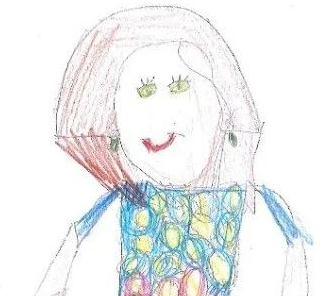 Child's drawing of a person with brown hair, green eyes, and a smiling red mouth, wearing a blue patterned shirt.