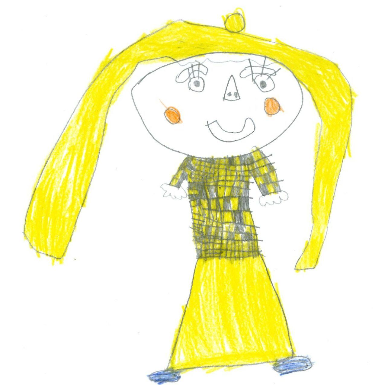Child's drawing of a person with a yellow dress and hair, a black and yellow shirt, and rosy cheeks.