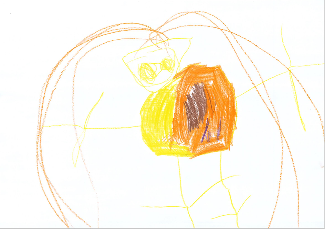 Child's drawing of a yellow and brown object, possibly a pumpkin, with a smaller object on top, within brown scribbled lines.