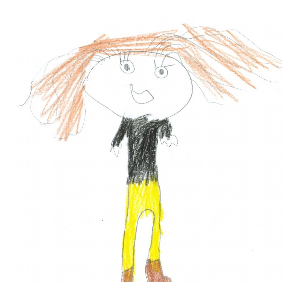 Child's drawing of a person with brown hair, black shirt, yellow pants, and brown shoes, smiling.