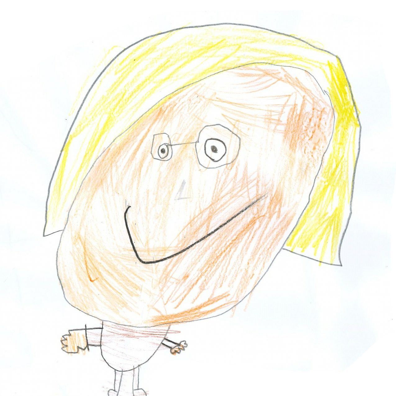 Cartoon drawing of a person with blonde hair, glasses, and a smiling face. Includes arms and a body.