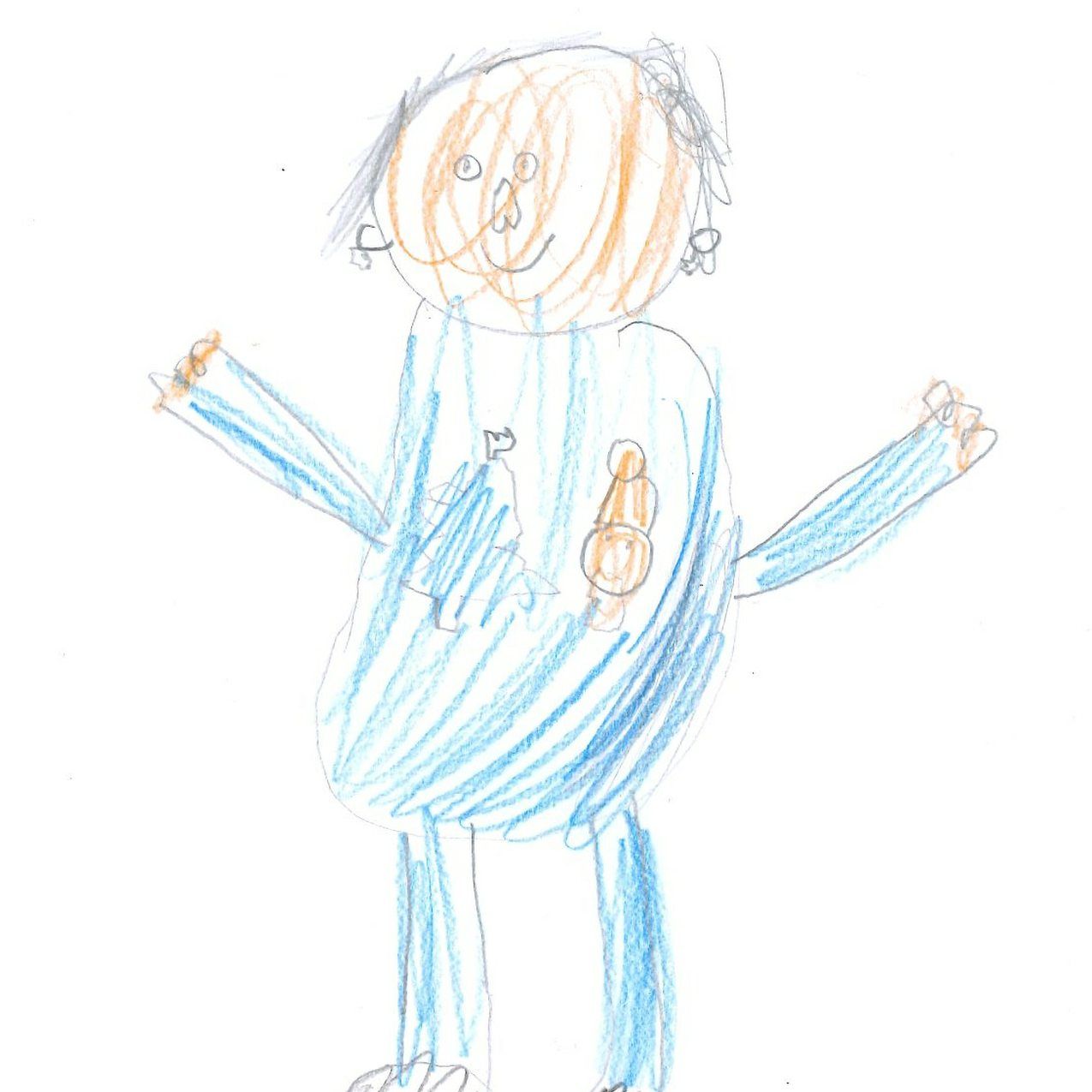 Child's drawing of a person in blue, arms outstretched, with light brown hair and a smiling face.