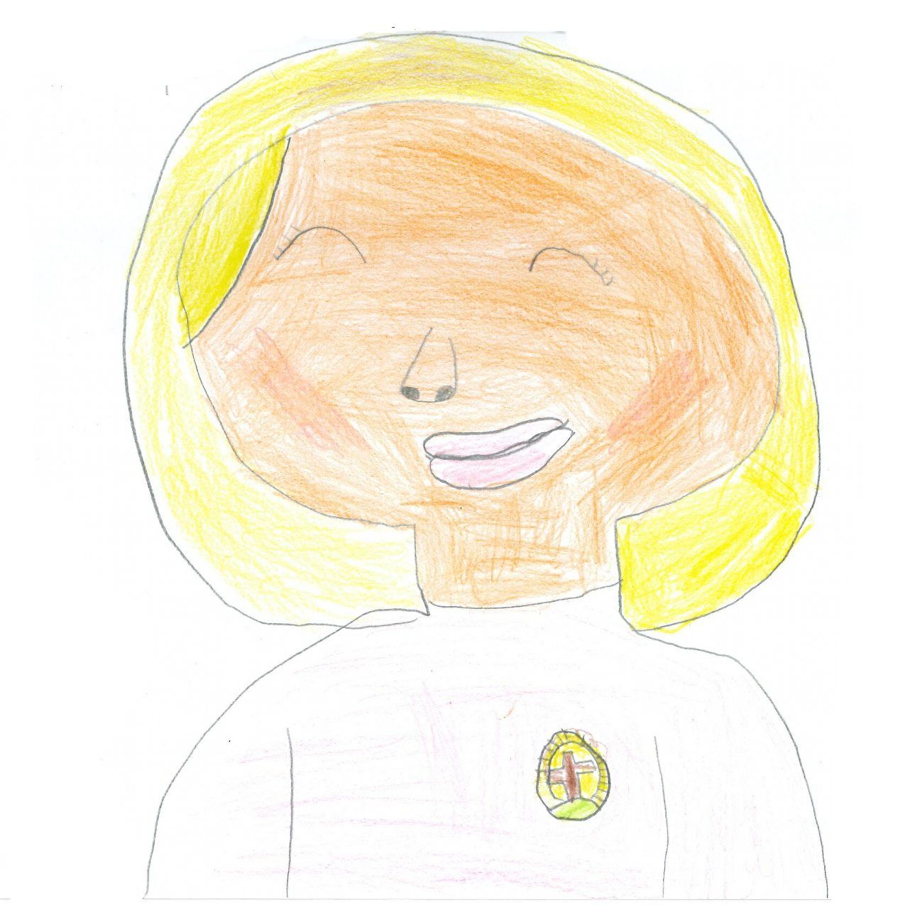 Blond-haired person smiling, wearing a white shirt with a round, yellow badge.