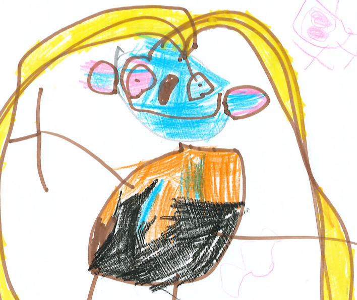 Blue-faced creature with yellow hair and brown and orange body.
