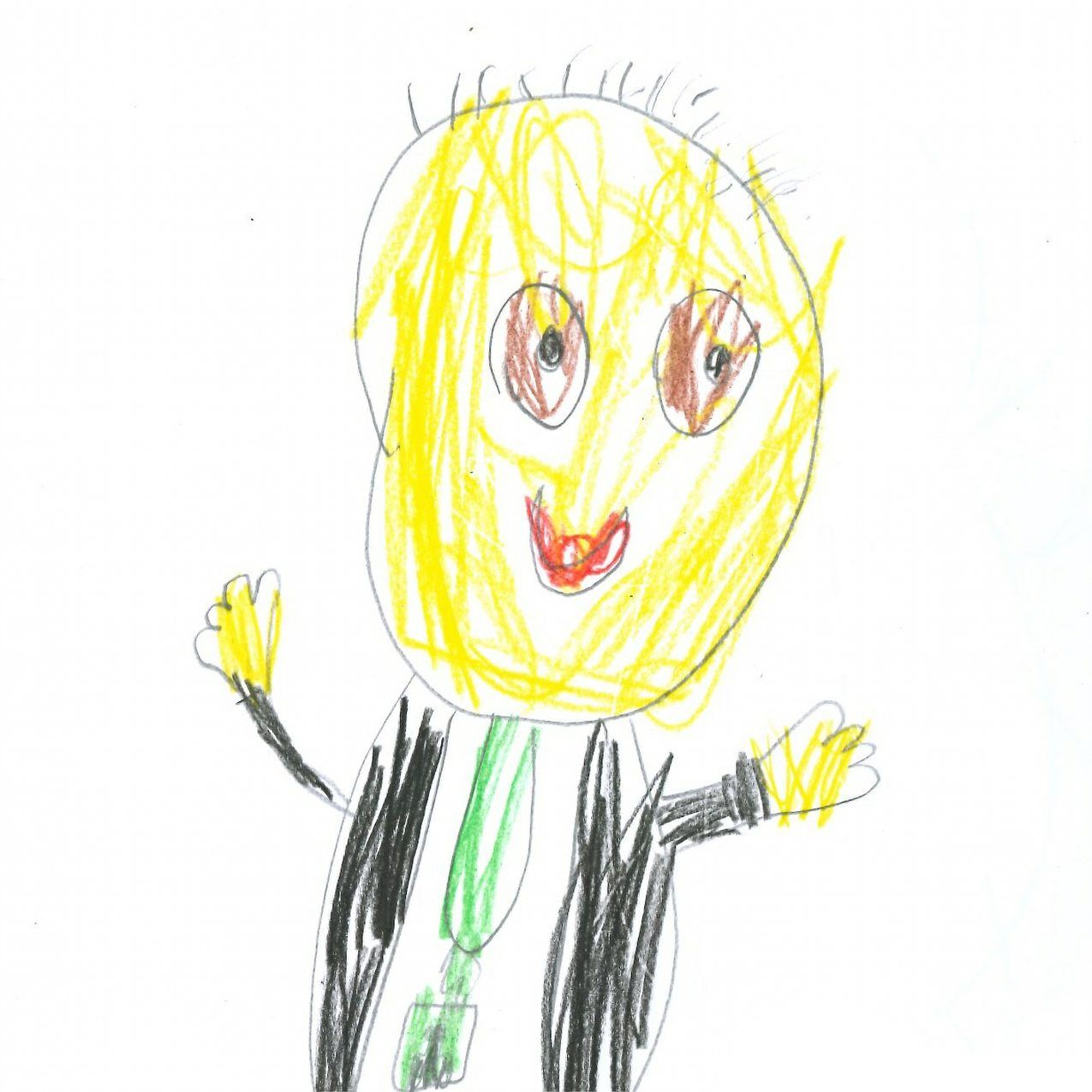 Child's drawing of a person with a yellow head, brown eyes, and a red mouth, wearing a black suit with a green tie.