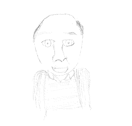 A simple sketch of a person with a bald head, smiling, and wearing a striped shirt.