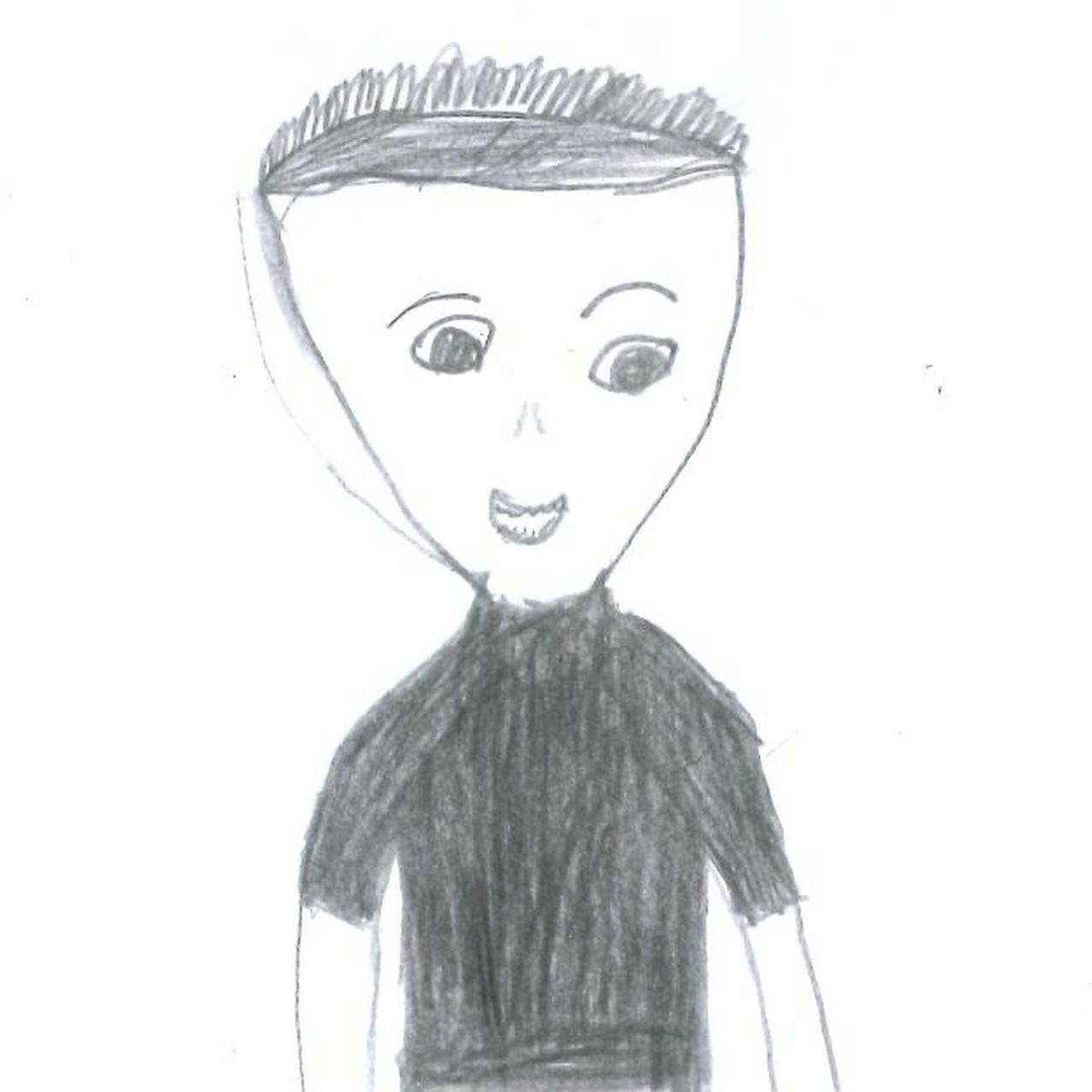 Smiling person wearing a black shirt, dark hair and open eyes.