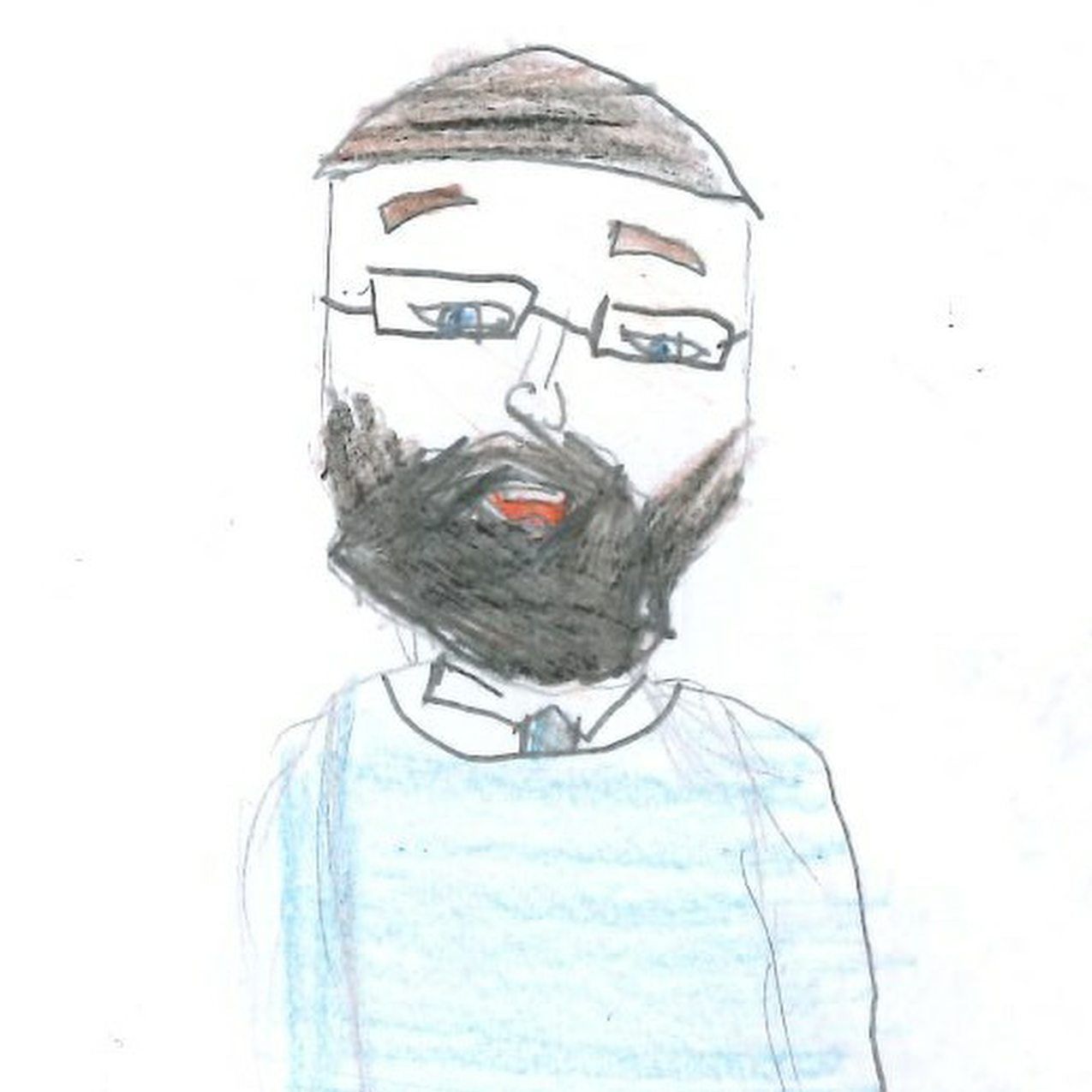 Man with glasses and a beard wearing a light blue sweater.