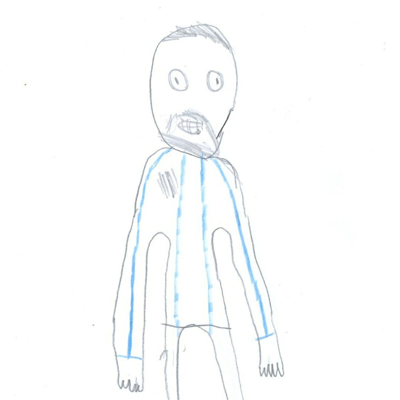 Figure with a large head, striped shirt, and short beard. Hands and arms visible.