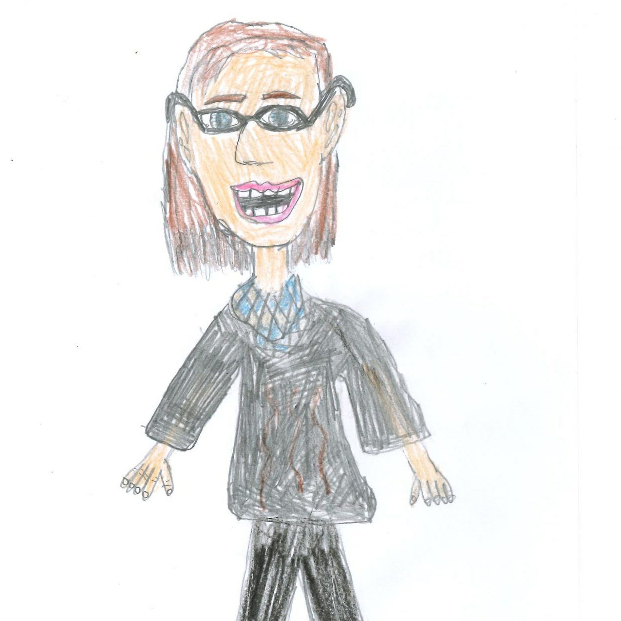 Person wearing glasses, smiling with open mouth, dark jacket, and blue patterned shirt.