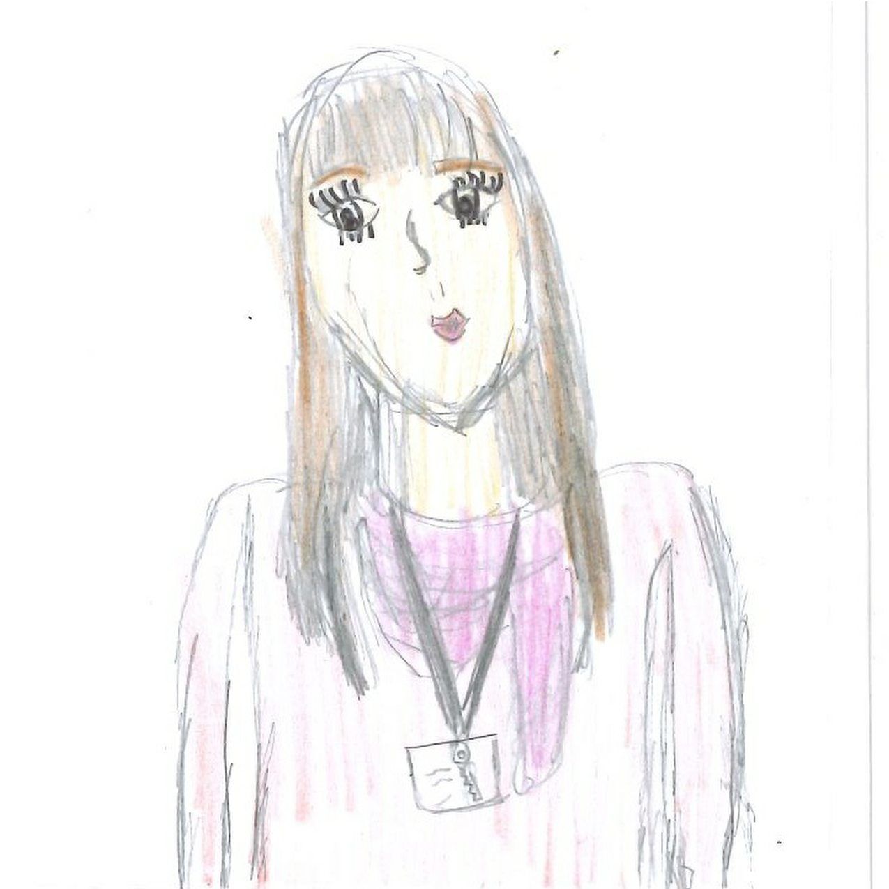 Pencil sketch of a woman with long hair, pink shirt, and necklace on a white background