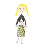 Blonde-haired person wearing a black jacket over a white top with a heart, and a yellow patterned skirt.